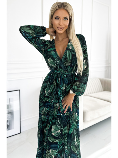 numoco Rochie lungă din șifon plisat cu decolteu, mâneci lungi și curea - frunze verzi Numoco