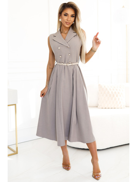 numoco Rochie elegantă midi tip cămașă cu nasturi aurii și curea - taupe