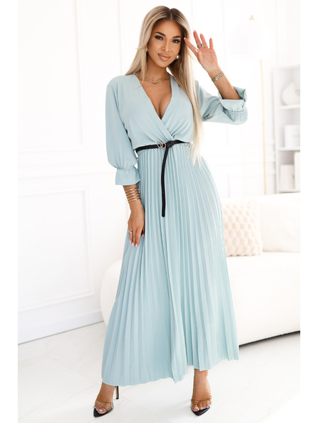 numoco Rochie maxi plisată cu decolteu, curea și mâneci 3/4 - Pastel Sage
