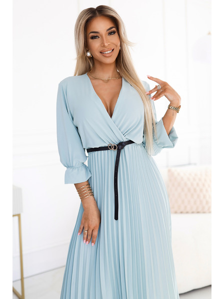 numoco Rochie maxi plisată cu decolteu, curea și mâneci 3/4 - Pastel Sage