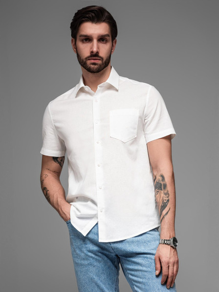 Ombre Clothing Cămașă bărbătească cu mânecă scurtă și guler cubanez alb Ombre Clothing
