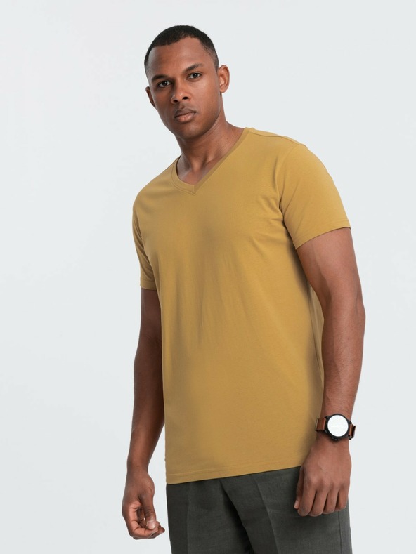 Ombre Clothing Tricou clasic cu gât rotund BASIC din bumbac pentru bărbați - muștar V8 OM-TSBS-0145 Ombre Clothing