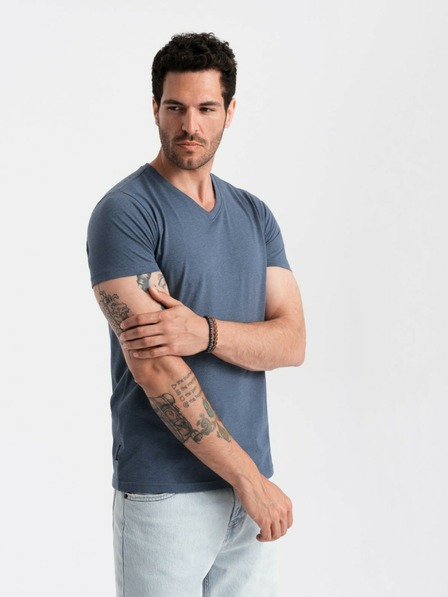 Ombre Clothing Tricou clasic cu decolteu în V din bumbac pentru bărbați BASIC - albastru V18 OM-TSBS-0145 Ombre Clothing