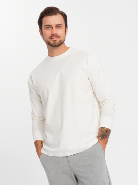 Ombre Clothing Tricou bărbătesc LOOSE FIT din bumbac cu mânecă lungă și gât rotund - crem V2 OM-LSBC-0129 Ombre Clothing