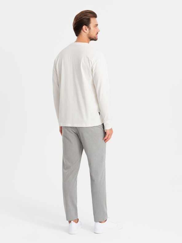 Ombre Clothing Tricou bărbătesc LOOSE FIT din bumbac cu mânecă lungă și gât rotund - crem V2 OM-LSBC-0129 Ombre Clothing