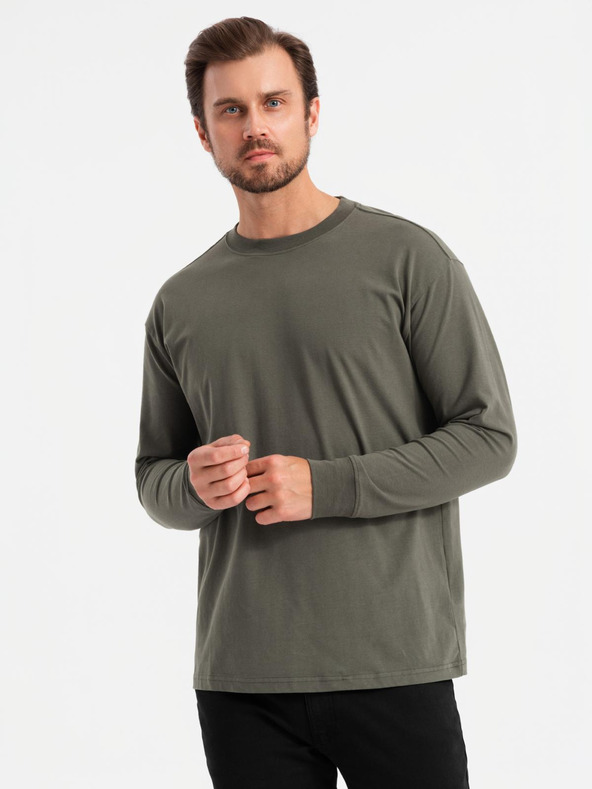 Ombre Clothing Tricou bărbătesc LOOSE FIT din bumbac cu mânecă lungă și gât rotund - gri-verde V3 OM-LSBC-0129 Ombre Clothing