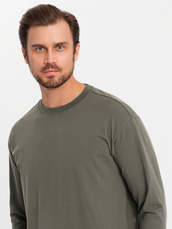 Ombre Clothing Tricou bărbătesc LOOSE FIT din bumbac cu mânecă lungă și gât rotund - gri-verde V3 OM-LSBC-0129 Ombre Clothing