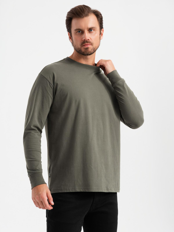 Ombre Clothing Tricou bărbătesc LOOSE FIT din bumbac cu mânecă lungă și gât rotund - gri-verde V3 OM-LSBC-0129 Ombre Clothing