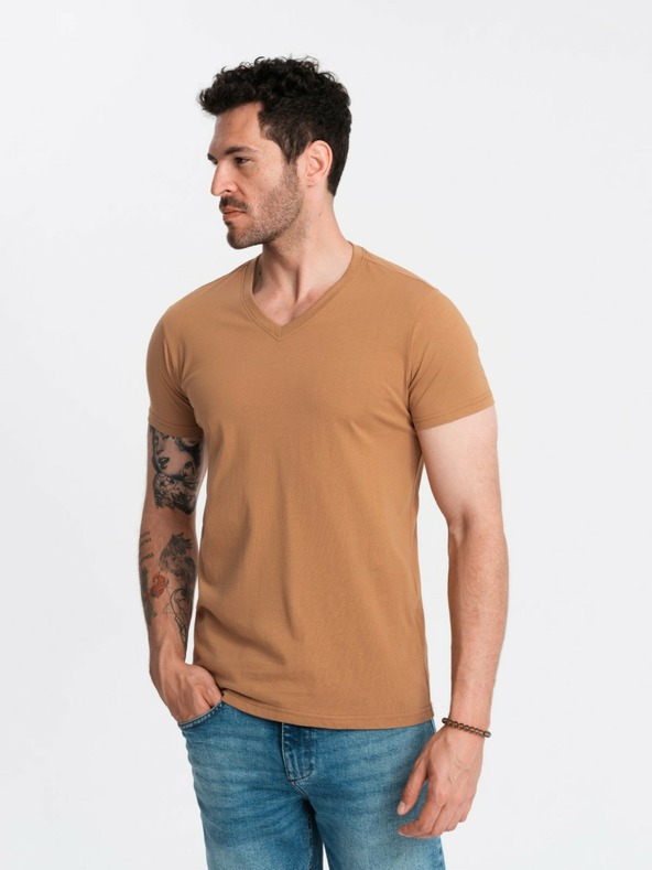 Ombre Clothing Tricou clasic BASIC din bumbac cu decolteu în V pentru bărbați - Brown V9 OM-TSBS-0145 Îmbrăcăminte Ombre