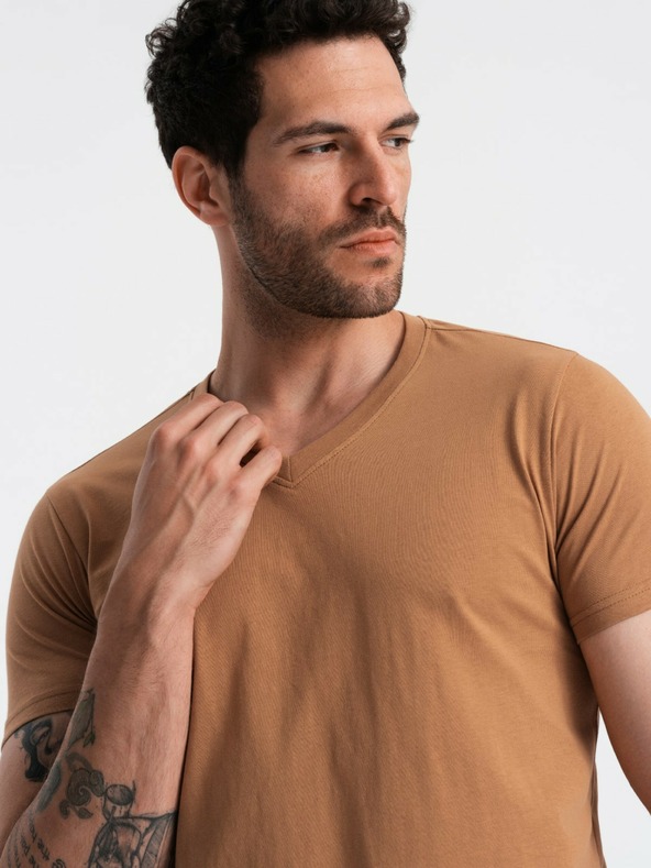 Ombre Clothing Tricou clasic BASIC din bumbac cu decolteu în V pentru bărbați - Brown V9 OM-TSBS-0145 Îmbrăcăminte Ombre