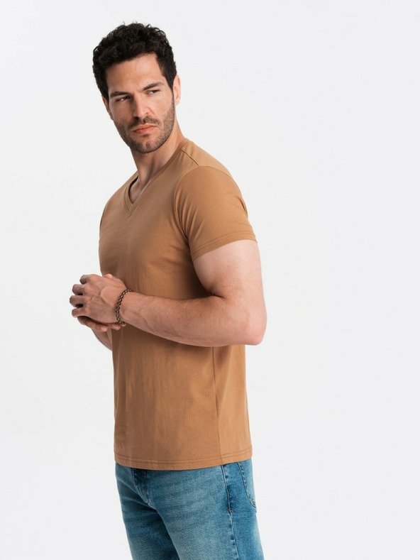 Ombre Clothing Tricou clasic BASIC din bumbac cu decolteu în V pentru bărbați - Brown V9 OM-TSBS-0145 Îmbrăcăminte Ombre