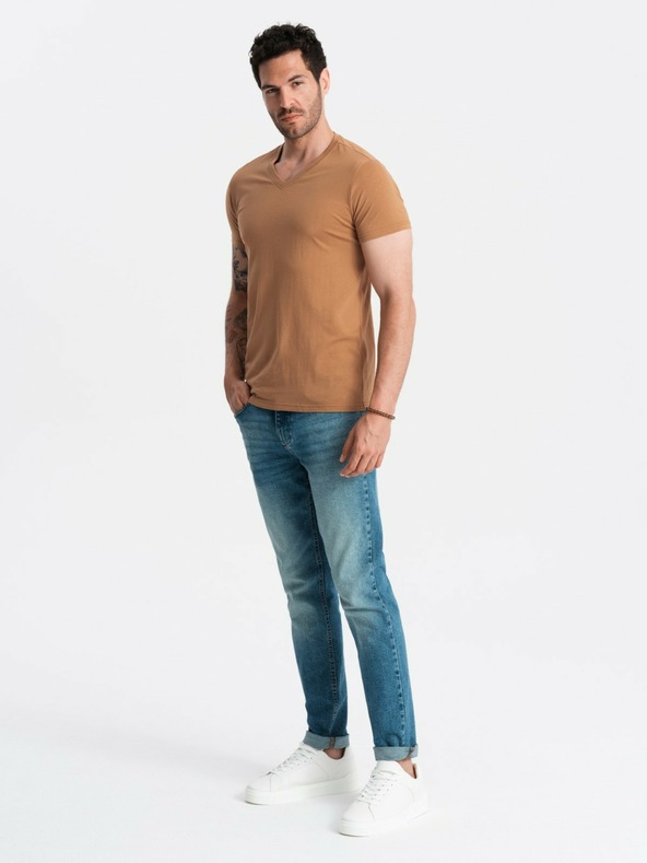Ombre Clothing Tricou clasic BASIC din bumbac cu decolteu în V pentru bărbați - Brown V9 OM-TSBS-0145 Îmbrăcăminte Ombre