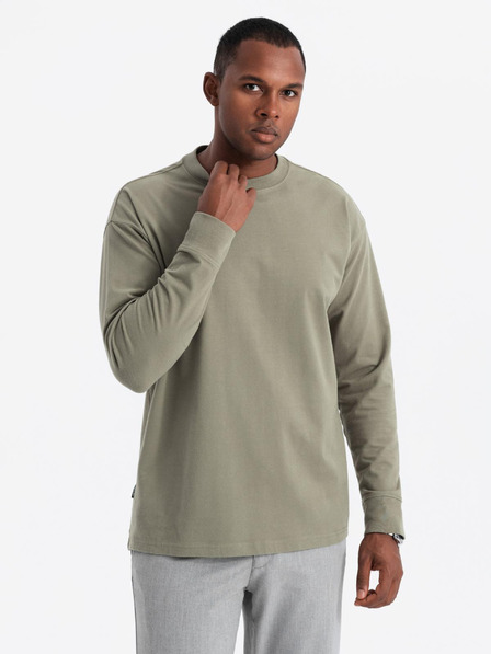 Ombre Clothing Tricou bărbătesc din bumbac LOOSE FIT cu mânecă lungă și gât rotund - kaki V4 OM-LSBC-0129 Ombre Clothing