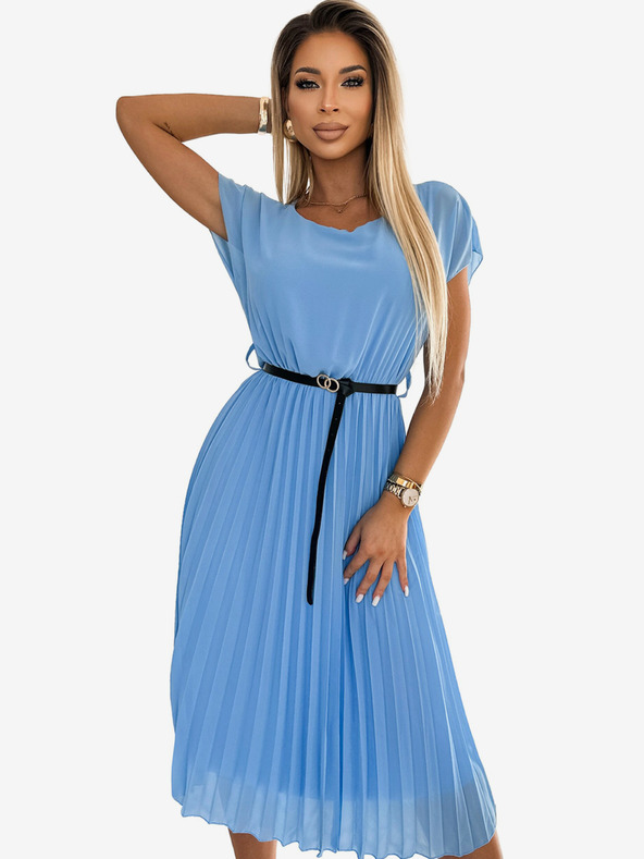 numoco Rochie midi plisată cu curea neagră - albastru deschis Numoco