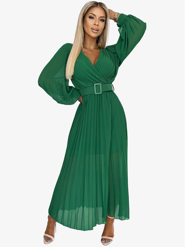 numoco 414-3 KLARA rochie plisată cu centură și decolteu - verde