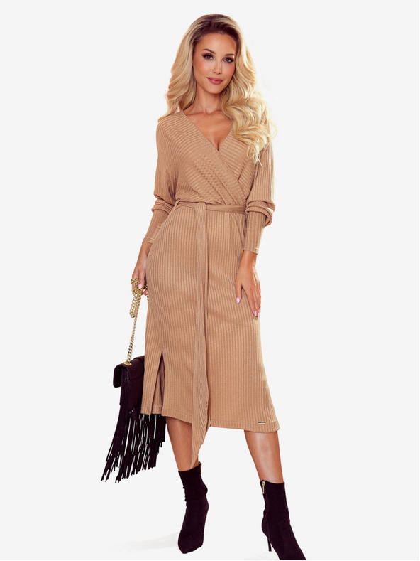 numoco Rochie pulover plic cu cravată - dungi bej Numoco