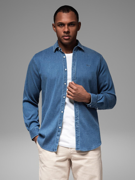 Ombre Clothing Cămașă bărbătească din denim cu lyocell și broderie pe piept - albastru Ombre Clothing