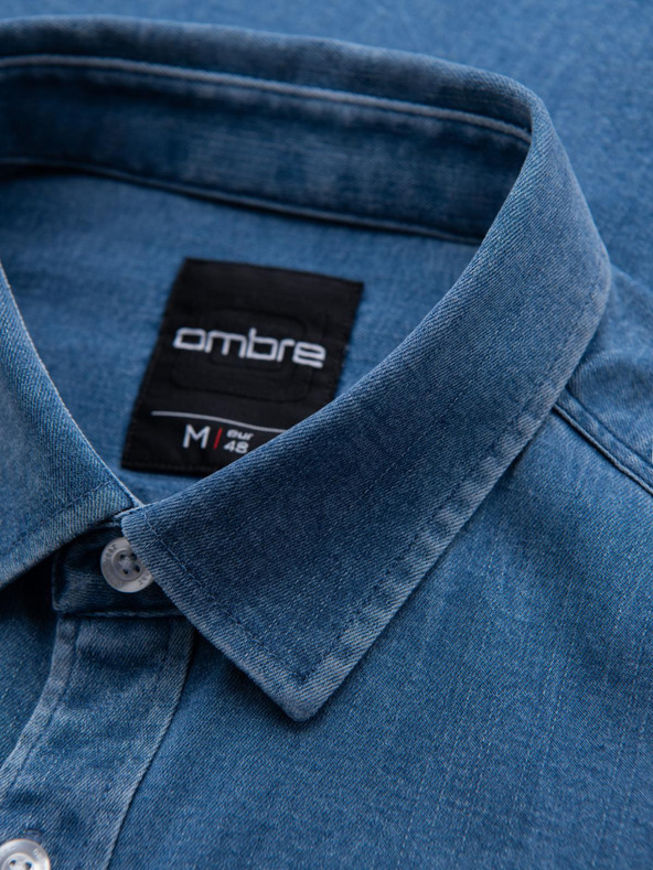 Ombre Clothing Cămașă bărbătească din denim cu lyocell și broderie pe piept - albastru Ombre Clothing