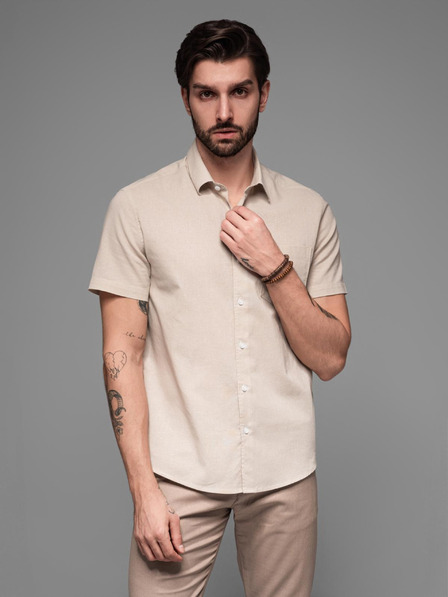 Ombre Clothing Cămașă bărbătească cu mânecă scurtă și guler cubanez Beige Ombre Clothing