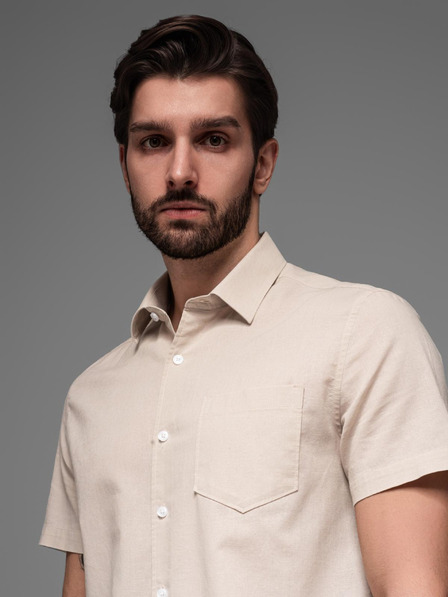 Ombre Clothing Cămașă bărbătească cu mânecă scurtă și guler cubanez Beige Ombre Clothing