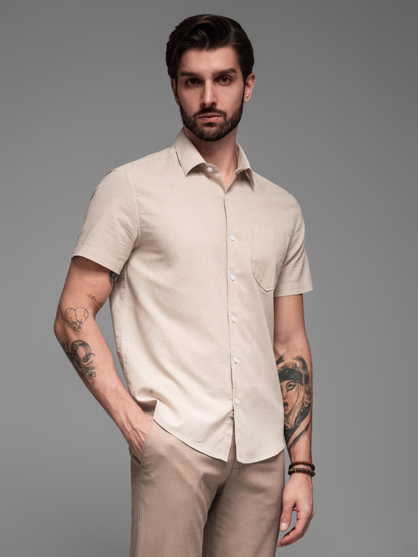 Ombre Clothing Cămașă bărbătească cu mânecă scurtă și guler cubanez Beige Ombre Clothing