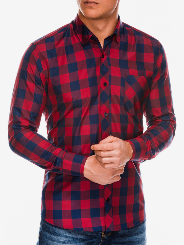 Ombre Clothing Cămașă în carouri cu mânecă lungă pentru bărbați K282 - roșu/bleumarin