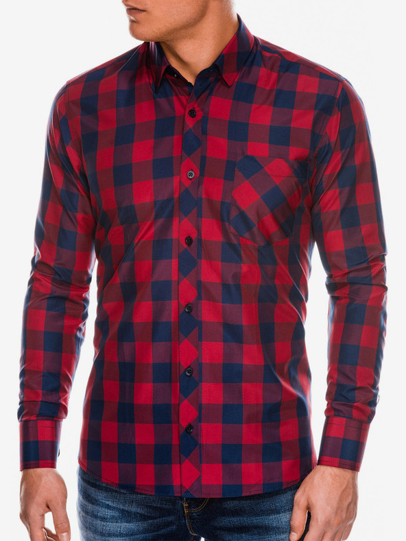Ombre Clothing Cămașă în carouri cu mânecă lungă pentru bărbați K282 - roșu/bleumarin