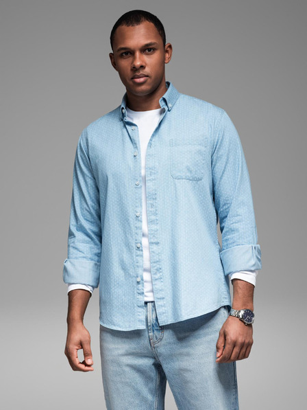 Ombre Clothing Cămașă pentru bărbați din denim fin cu model și buzunar - albastru deschis Ombre Clothing