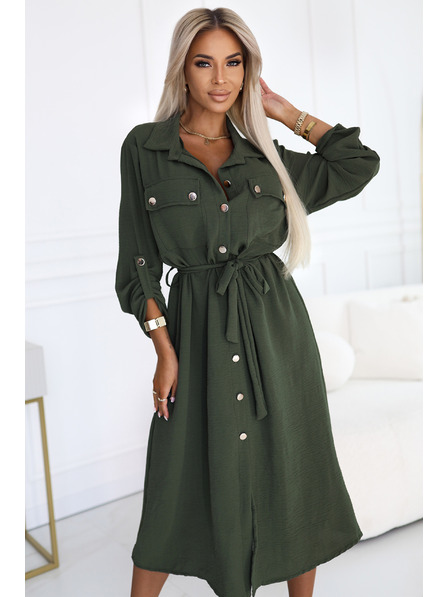 numoco 531-5 Rochie midi stil cămașă cu nasturi aurii și cravată - KAKI