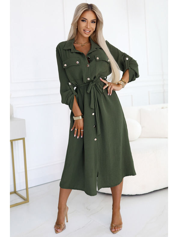 numoco 531-5 Rochie midi stil cămașă cu nasturi aurii și cravată - KAKI