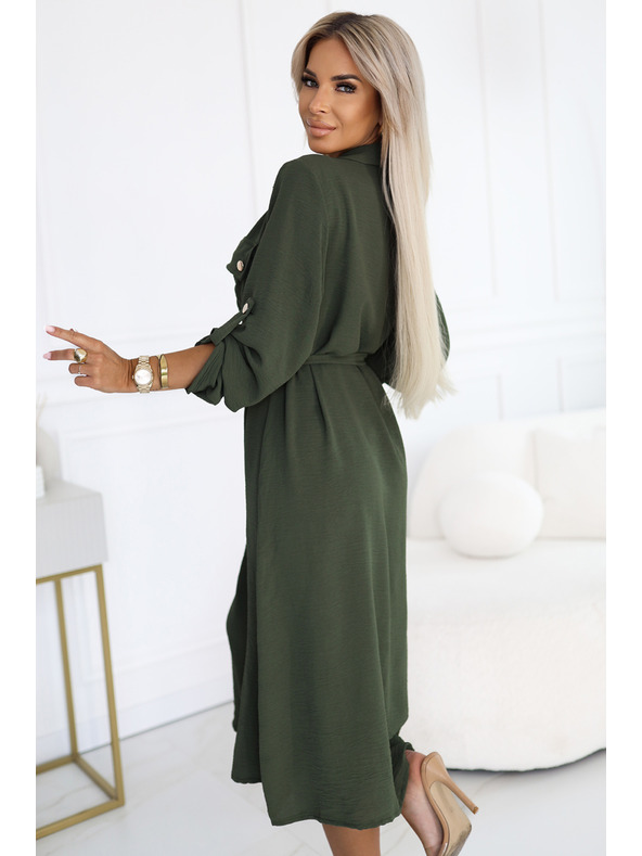 numoco 531-5 Rochie midi stil cămașă cu nasturi aurii și cravată - KAKI