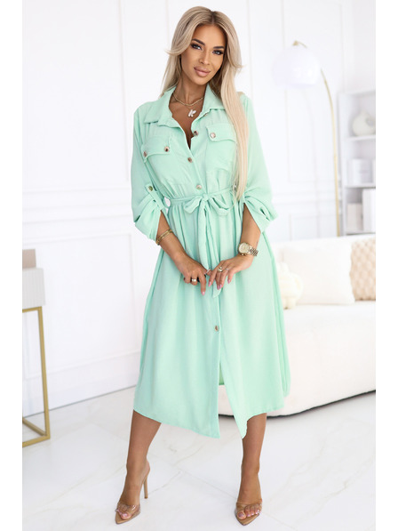 numoco 531-4 Rochie tip cămașă midi cu nasturi aurii și cravată - verde mentă deschis
