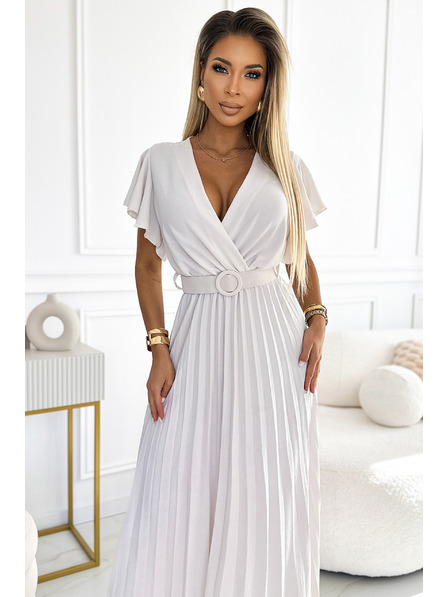 numoco 585-1 Rochie midi de vară plisată cu decolteu și centură lată - ecru