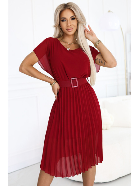 numoco 465-5 MIA Rochie midi din șifon plisată cu centură lată - vișiniu