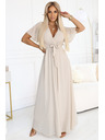 numoco 545-3 Rochie lungă cu decolteu pliat și legare - bej