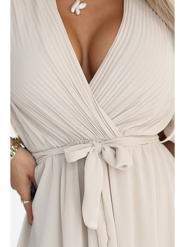 numoco 545-3 Rochie lungă cu decolteu pliat și legare - bej