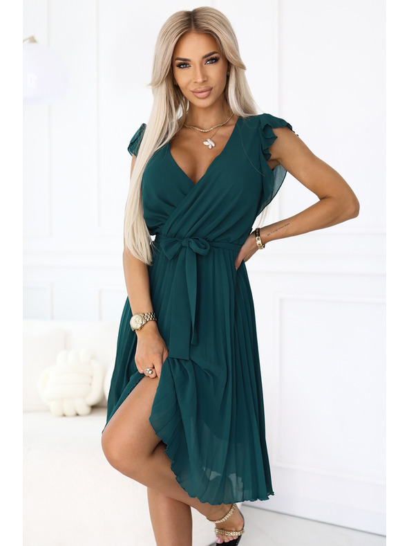 numoco 374-8 POLINA Rochie plisată cu decolteu și volănași - verde