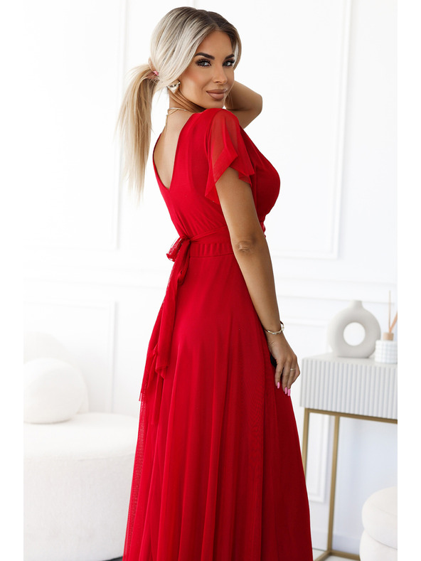 numoco 562-7 NASTIA Rochie lungă cu decolteu și mânecă scurtă - roșu