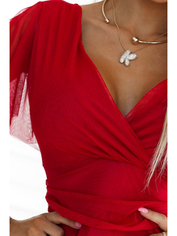 numoco 562-7 NASTIA Rochie lungă cu decolteu și mânecă scurtă - roșu