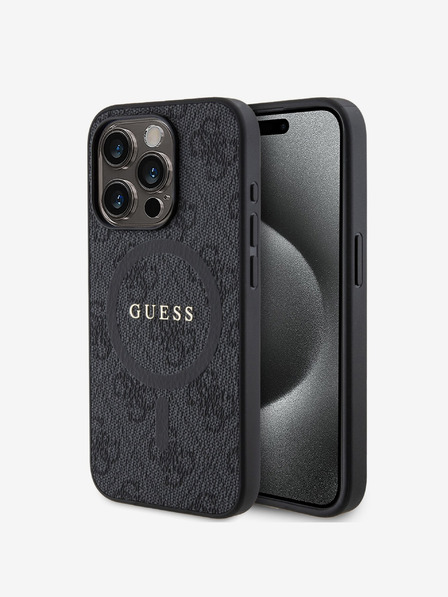 Guess PU Leather 4G Colored Ring MagSafe Zadní Kryt pro iPhone 15 Pro Black Carcasa de telefon