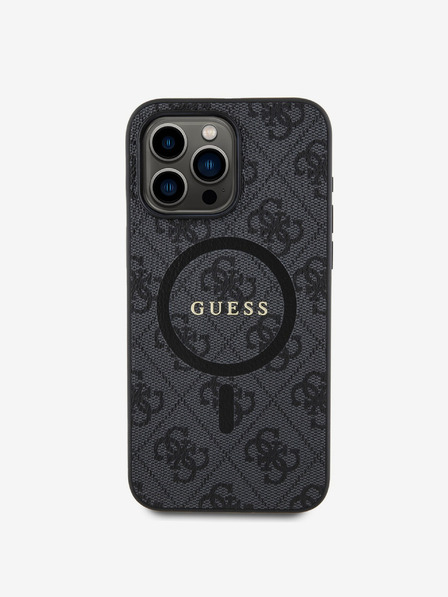 Guess PU Leather 4G Colored Ring MagSafe Zadní Kryt pro iPhone 15 Pro Black Carcasa de telefon