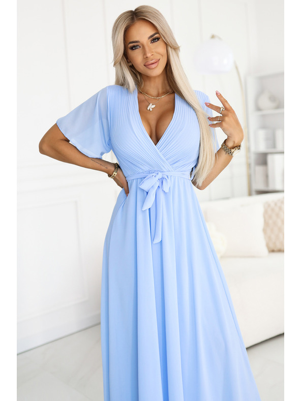 numoco 545-2 Rochie lungă cu decolteu pliat și legare - albastru deschis