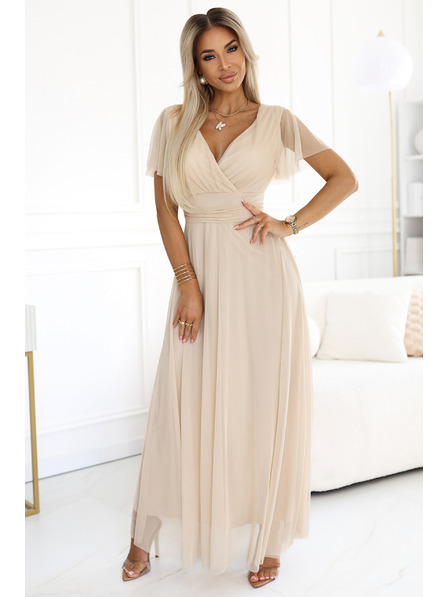 numoco 562-6 NASTIA Rochie lungă cu decolteu și mânecă scurtă - bej