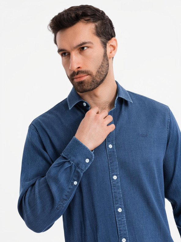 Ombre Clothing Cămașă din denim pentru bărbați cu lyocell și broderie pe piept Ombre Clothing