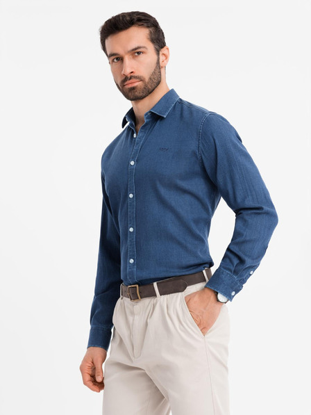 Ombre Clothing Cămașă din denim pentru bărbați cu lyocell și broderie pe piept Ombre Clothing