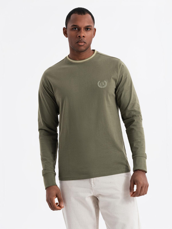 Ombre Clothing Tricou din bumbac pentru bărbați cu mânecă lungă, decolteu în V în dungi și broderie Ombre Clothing