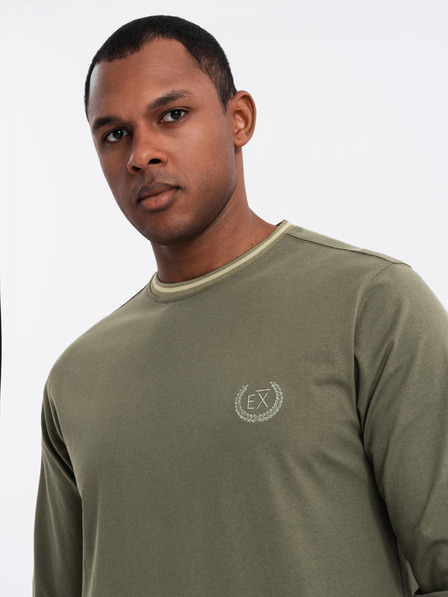 Ombre Clothing Tricou din bumbac pentru bărbați cu mânecă lungă, decolteu în V în dungi și broderie Ombre Clothing