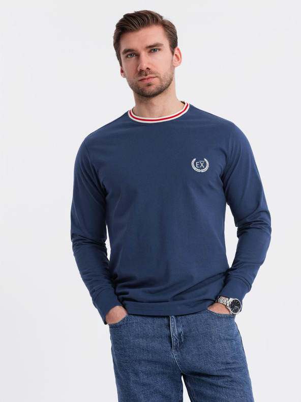 Ombre Clothing Tricou din bumbac pentru bărbați cu mânecă lungă, decolteu în V în dungi și broderie Ombre Clothing