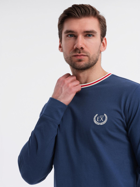 Ombre Clothing Tricou din bumbac pentru bărbați cu mânecă lungă, decolteu în V în dungi și broderie Ombre Clothing