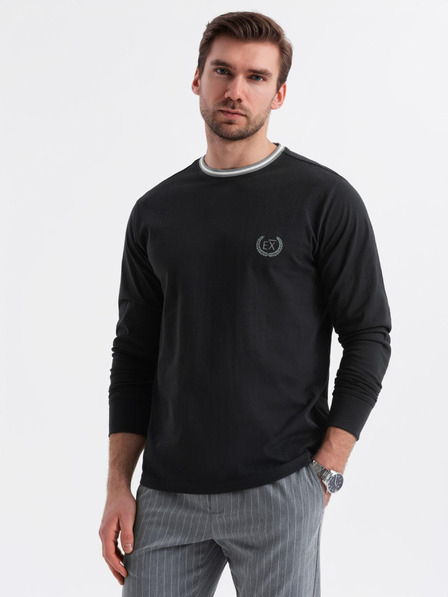 Ombre Clothing Tricou din bumbac pentru bărbați cu mânecă lungă, decolteu în V în dungi și broderie Ombre Clothing